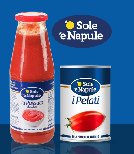 Presentaciones e productos de pasta de tomate italianos Pomodoro, de la marca ó sole é vapulee, la pasada y Pelati